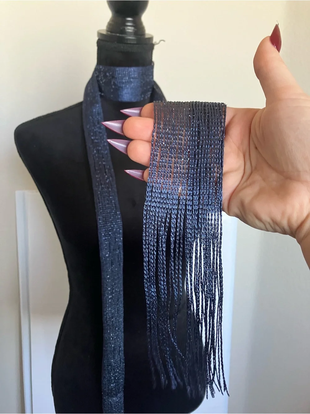 Long Navy Beaded Scarf with Fringe